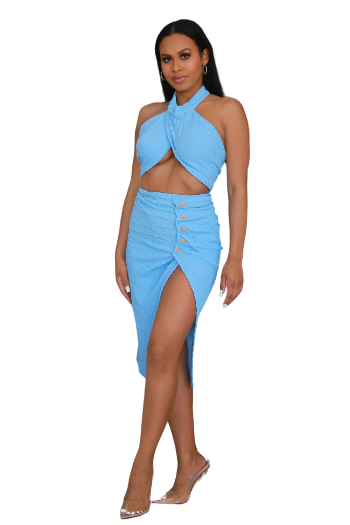 TWO PIECE HALTER SKIRT SET IN BLUE