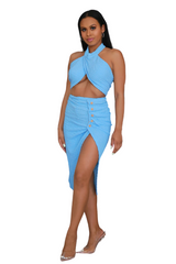 TWO PIECE HALTER SKIRT SET IN BLUE